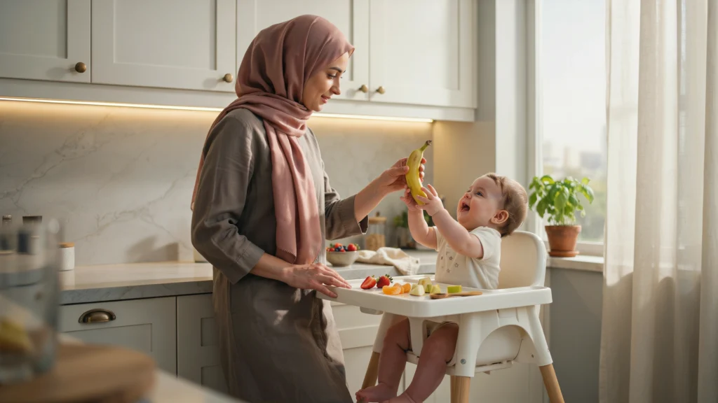 أم تعلّم طفلها الرضيع أسماء الفواكه في المطبخ كنشاط يومي عملي لتنمية اللغة عند الرضيع