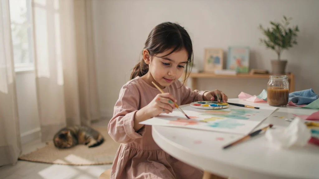 طفلة تنمي موهبة الطفل الفنية من خلال الرسم بألوان مائية في بيئة داعمة