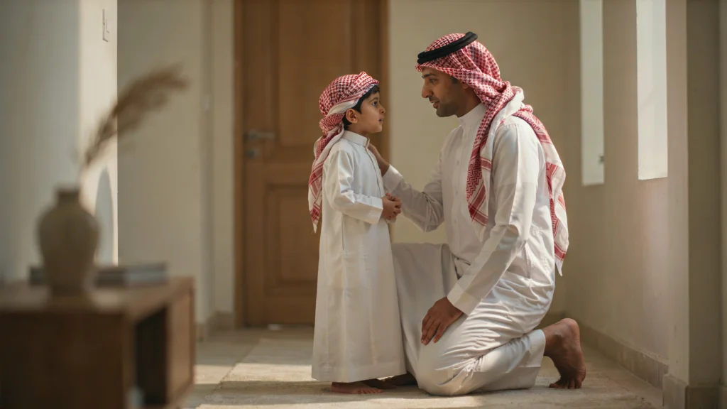 أب سعودي يُنصت لابنه على مستوى نظره وهو يُطبّق اختيار أسلوب التربية بالحوار والفهم