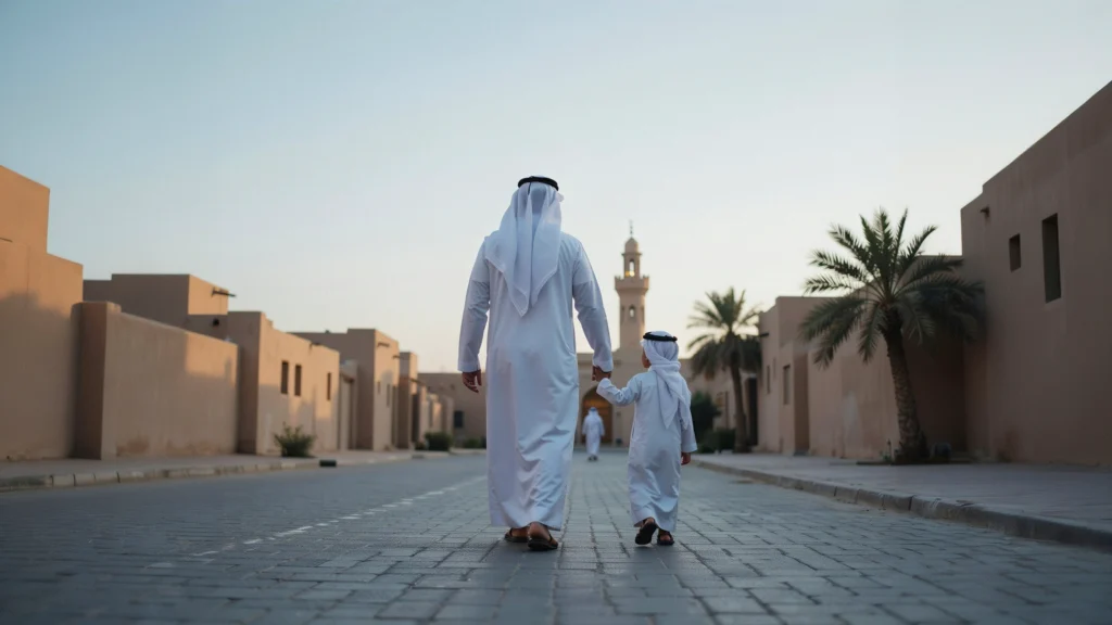 أب يصطحب ابنه إلى المسجد كمثال عملي على التربية بالقدوة في الالتزام بالصلاة