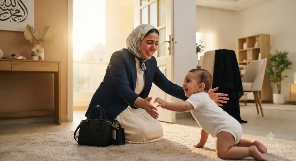 أم عاملة تعود من العمل وتحتضن رضيعها الذي يزحف نحوها بفرح — الحضور النوعي يبني الرابطة العاطفية