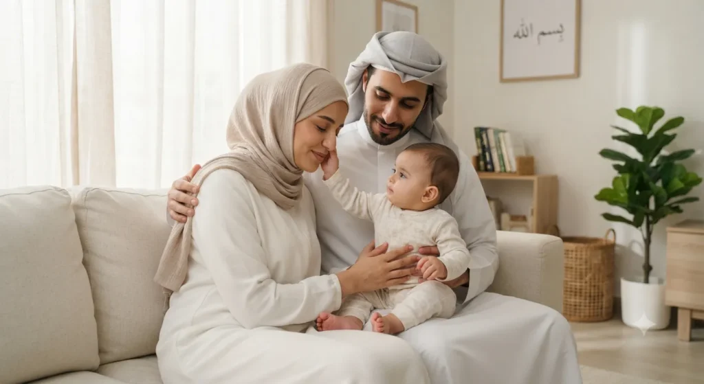 عائلة سعودية مكونة من أب وأم ورضيعهما يجلسون معًا في جو دافئ والطفل يلمس وجه أمه بيده الصغيرة