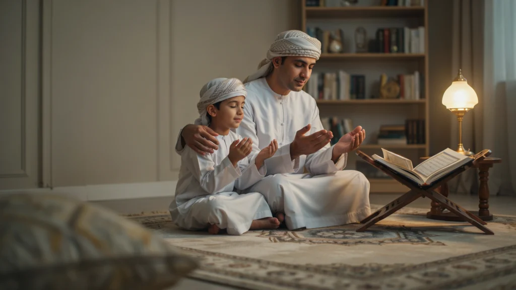 البُعد الإيماني في بناء الثقة بالنفس للأطفال — أب وابنه في الدعاء