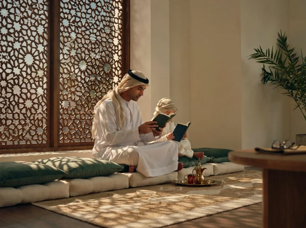 التربية بالقدوة في الأسرة السعودية: أب يقرأ فيقتدي به ابنه في بيت حديث