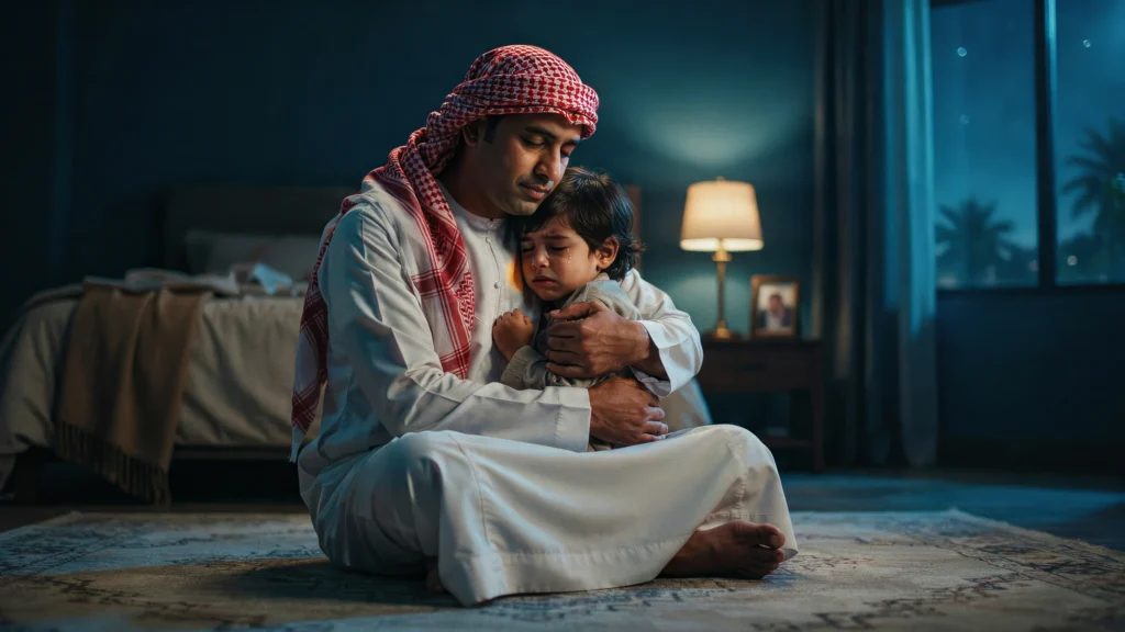 أب سعودي يحتضن طفله بعد وضع حد تربوي — الحب أعظم من كلمة لا