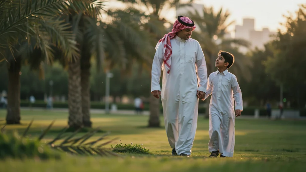 الحضور الأبوي الحقيقي هو حلّ الأخطاء التربوية - أب سعودي يمشي مع ابنه وقت الغروب