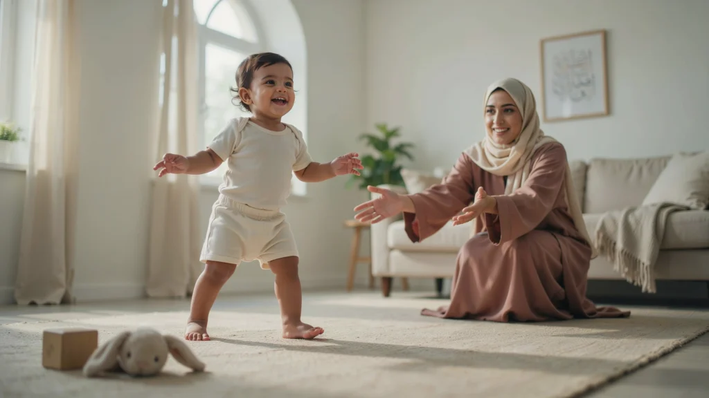 رضيع في عمر السنة يخطو خطواته الأولى نحو أمه