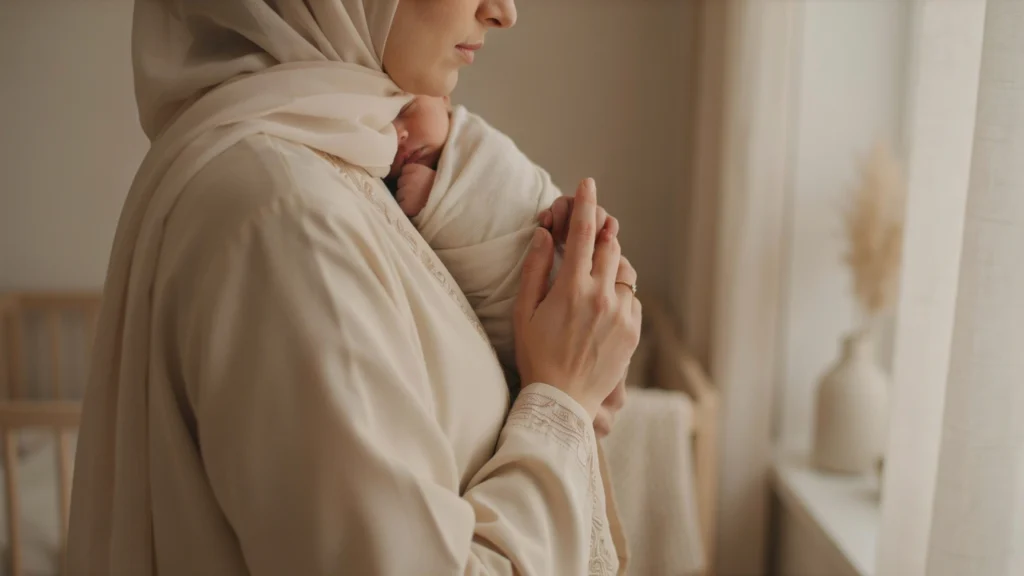 أم ترضع رضيعها رضاعة طبيعية في أجواء هادئة ومريحة