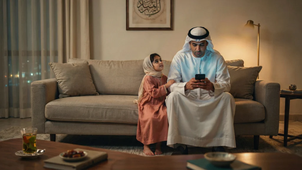 أب مشغول بجواله وطفلته تحاول التحدث معه — أحد أسباب ضعف التواصل مع الطفل