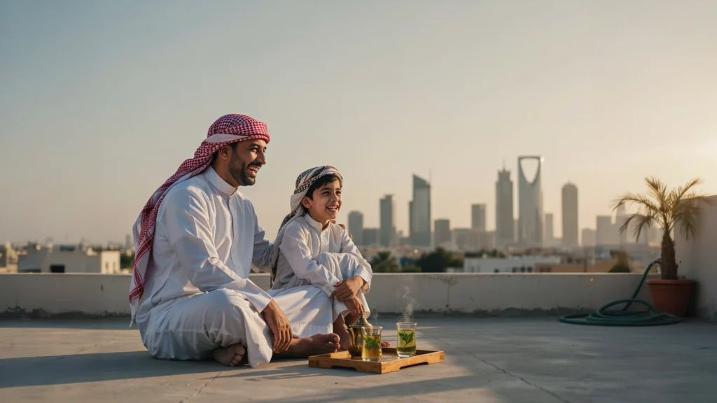 أب سعودي يجلس مع ابنه في وقت مسائي هادئ لبناء علاقة تُنهي عصيان الأطفال
