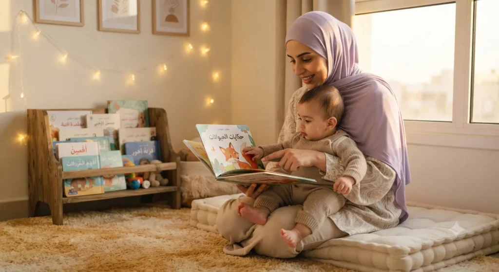 أم تقرأ كتابًا مصورًا بالعربية لرضيعها في زاوية قراءة دافئة كجزء من روتين يومي لبناء تركيز الرضيع