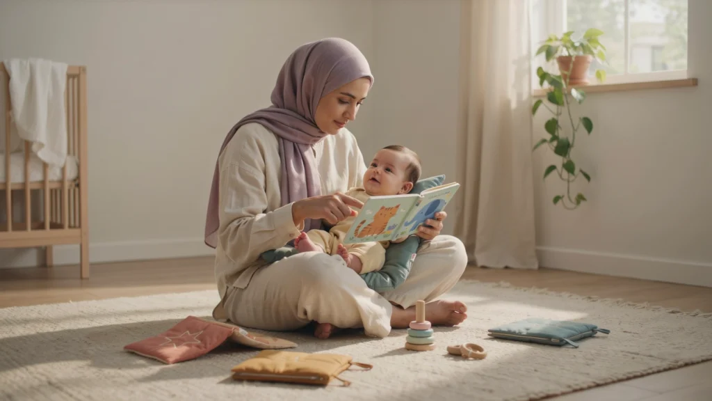أم تقرأ كتابًا مصورًا لطفلها الرضيع كطريقة فعالة في تنمية اللغة عند الرضيع وتعزيز حب القراءة