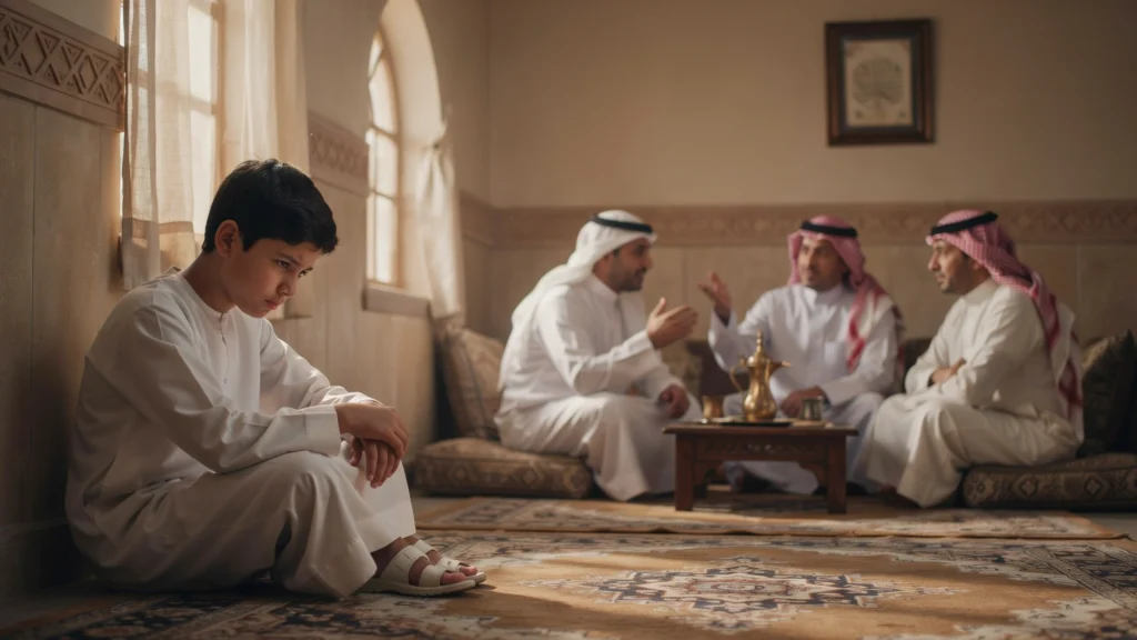 طفل حزين يعاني من آثار المقارنة الهدامة بين الأطفال في مجلس عائلي