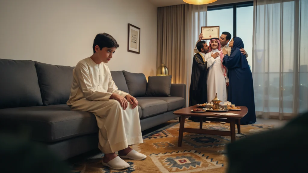 المقارنة بين الأبناء من أخطر الأخطاء التربوية - طفل حزين يشاهد مدح شقيقه