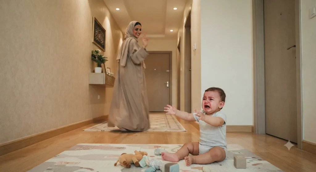 رضيع يبكي ويمدّ يديه نحو أمه أثناء مغادرتها المنزل في مرحلة قلق الانفصال