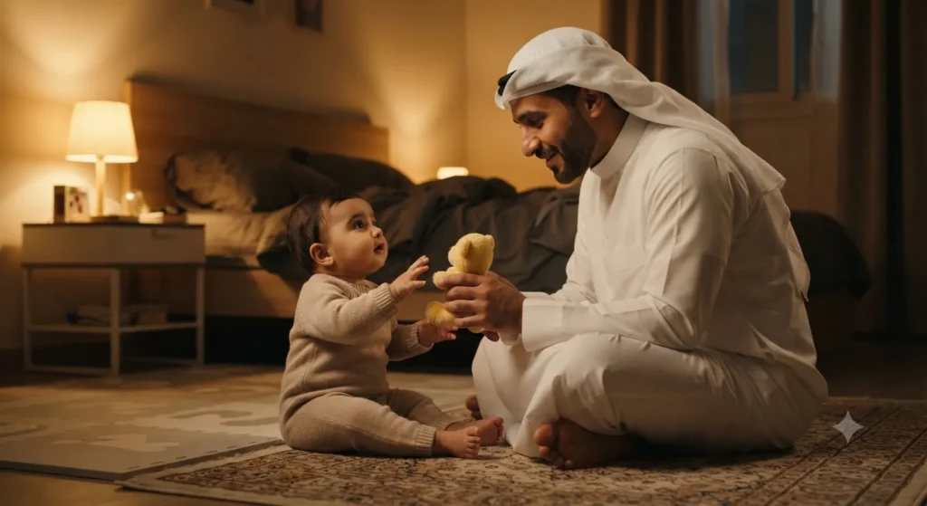 أب سعودي يجلس على الأرض ليلًا يلاعب رضيعه بلعبة صغيرة في أجواء حميمية — بناء رابطة الأبوة مع الرضيع الرافض