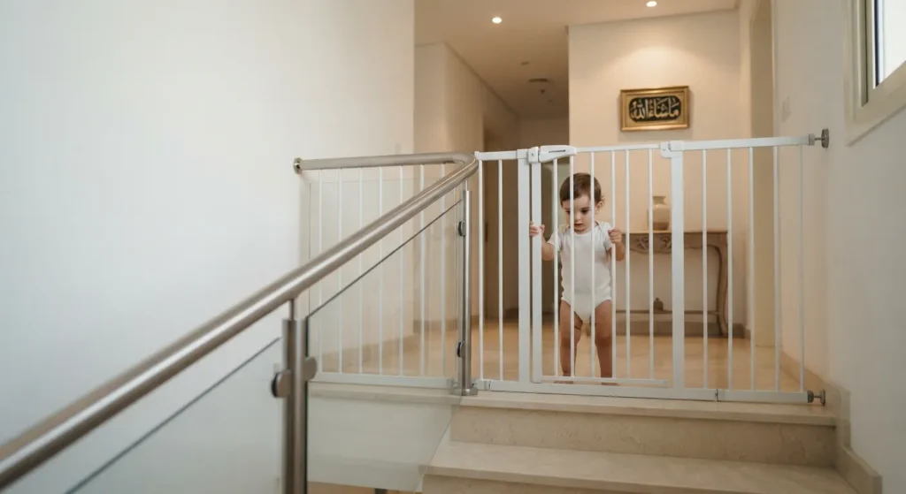 بوابة أمان معدنية بيضاء مثبتة أعلى درج رخامي في منزل خليجي وطفل صغير يقف خلفها بأمان