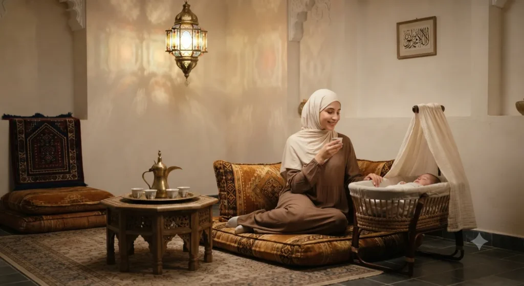 أم جالسة في مجلس عربي هادئ بجانب رضيعها النائم مع فنجان قهوة — بيئة البيت الهادئة تدعم مشاعر الرضيع
