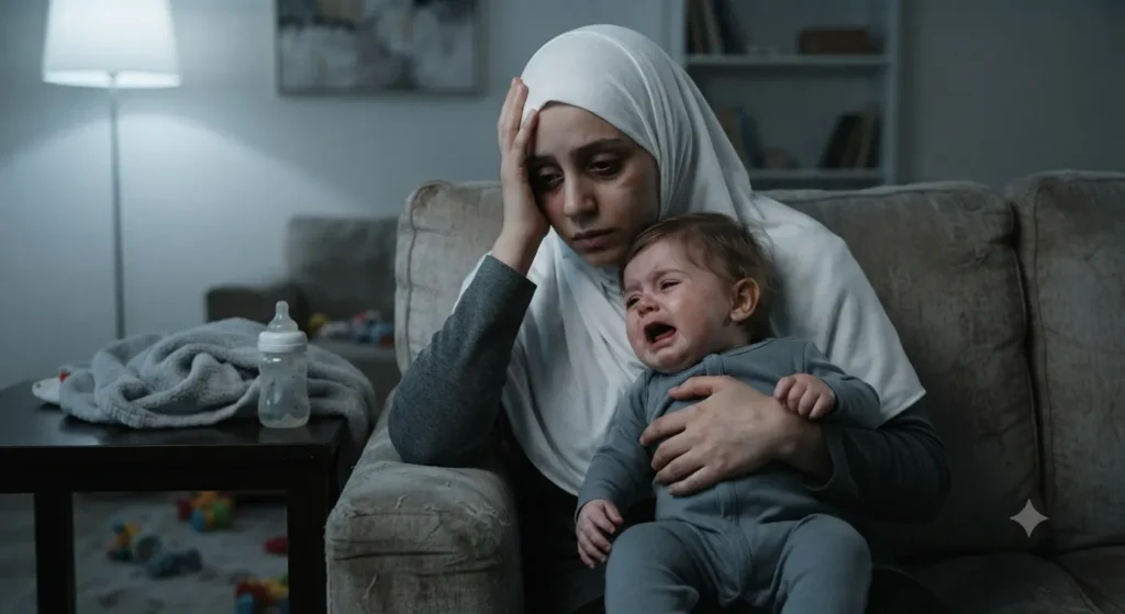 أم مُنهَكة تحمل رضيعها الباكي على كتفها — توتر الأم ينعكس على مشاعر الرضيع ونومه ورضاعته
