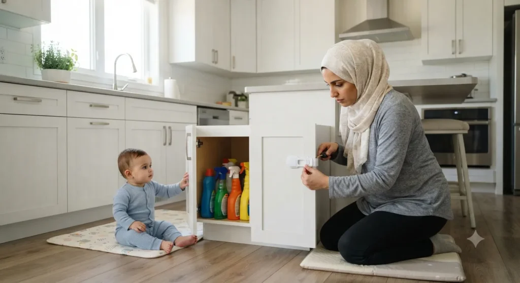 أم محجبة تركّب قفل أمان أطفال على خزانة مطبخ سفلية بينما رضيعها يجلس بالقرب منها على سجادة لعب