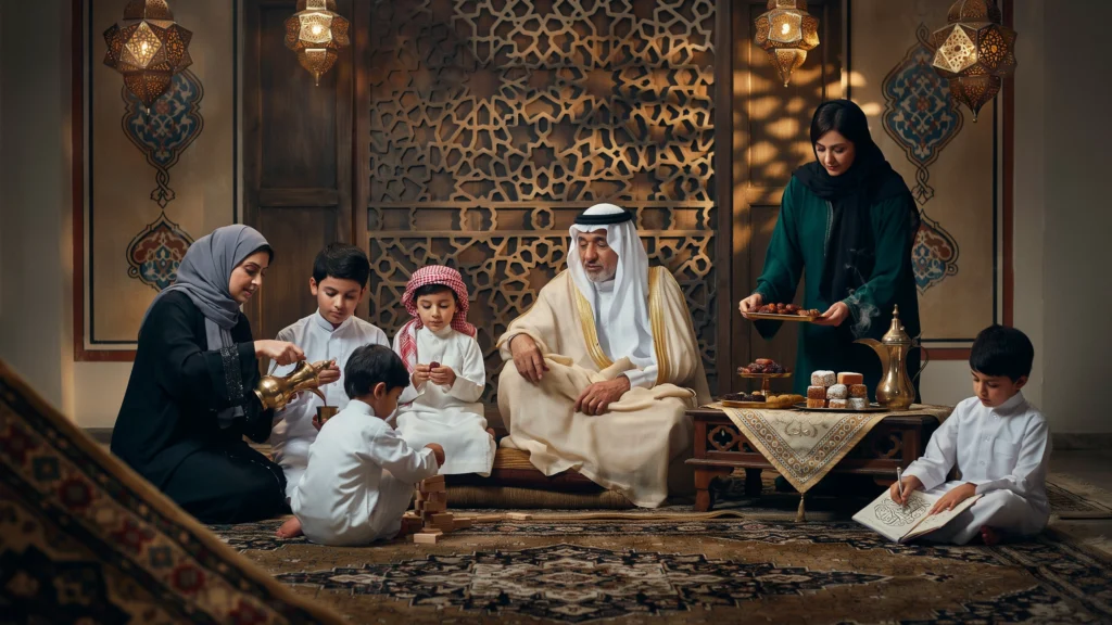 عائلة سعودية ممتدة تجتمع في مجلس تقليدي في رمضان مع الأجداد والأحفاد