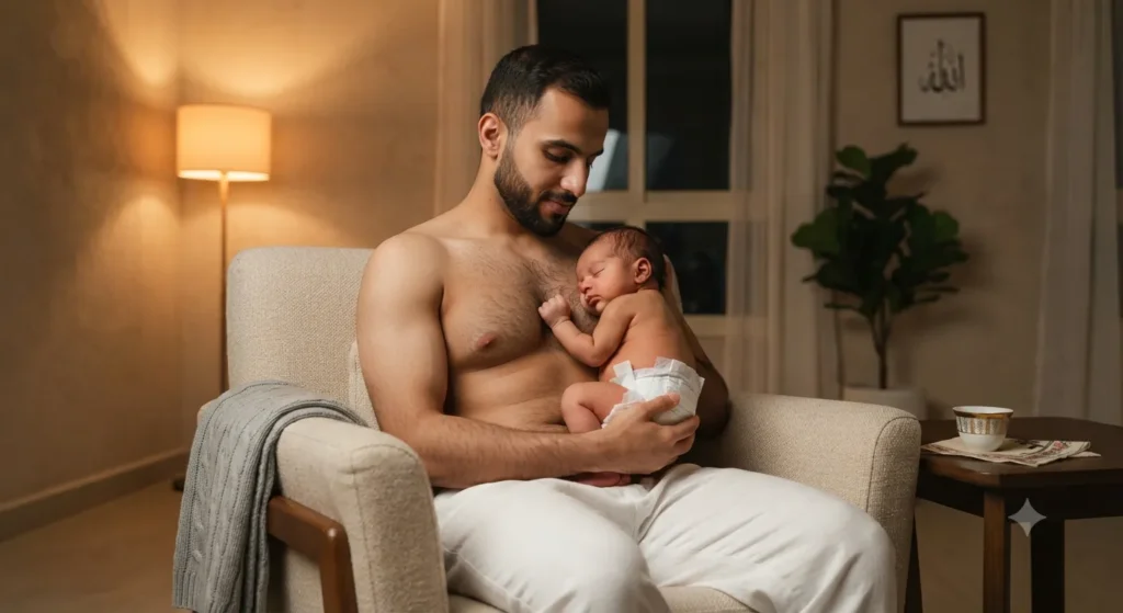 أب يحمل رضيعه على صدره ويمارس تلامس الجلد مع الرضيع لتعزيز الرابطة الأبوية