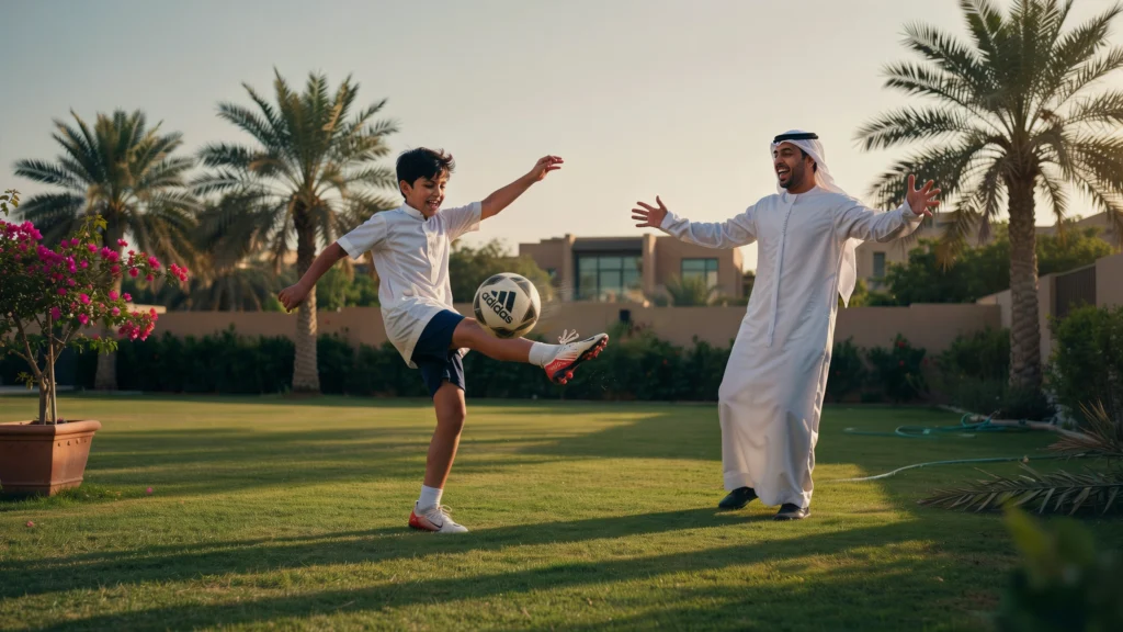 أب سعودي يلعب كرة القدم مع ابنه في الحديقة لتنمية موهبة الطفل الحركية