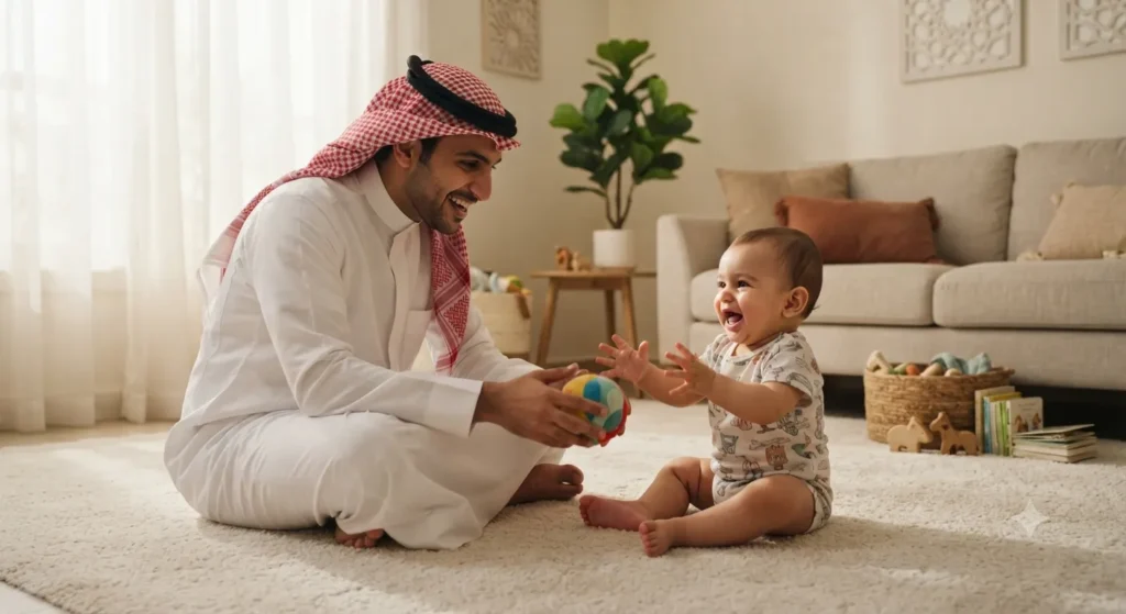 أب سعودي يجلس على الأرض ويلعب مع رضيعه بكرة قماشية ناعمة في غرفة معيشة دافئة والطفل يبتسم ويمد يديه نحو الكرة