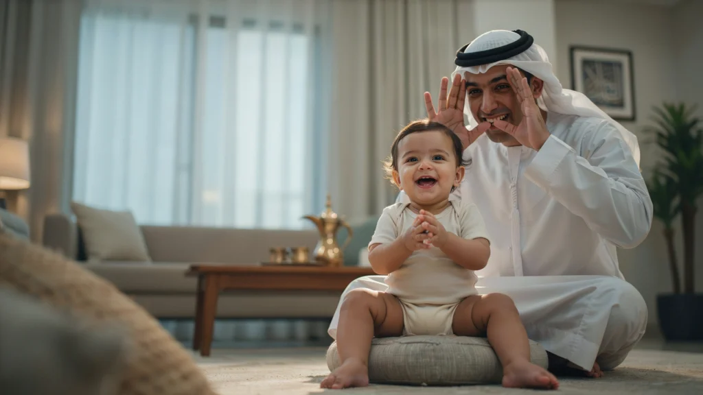 أب سعودي يلعب لعبة الاختفاء مع رضيعه ذي السبعة أشهر في المنزل — دور الأب في ألعاب الرضع