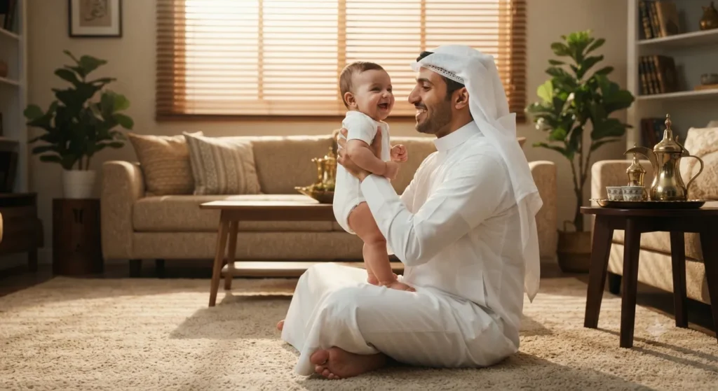 أب سعودي يحمل رضيعه وجهاً لوجه ويبتسمان لبعضهما — دور الأب في بناء الرابطة العاطفية