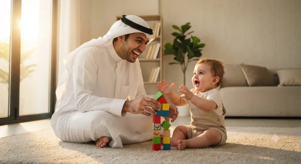 أب سعودي يرتدي ثوبًا أبيض يلعب بالمكعبات مع رضيعه على الأرض لتنمية التركيز والانتباه