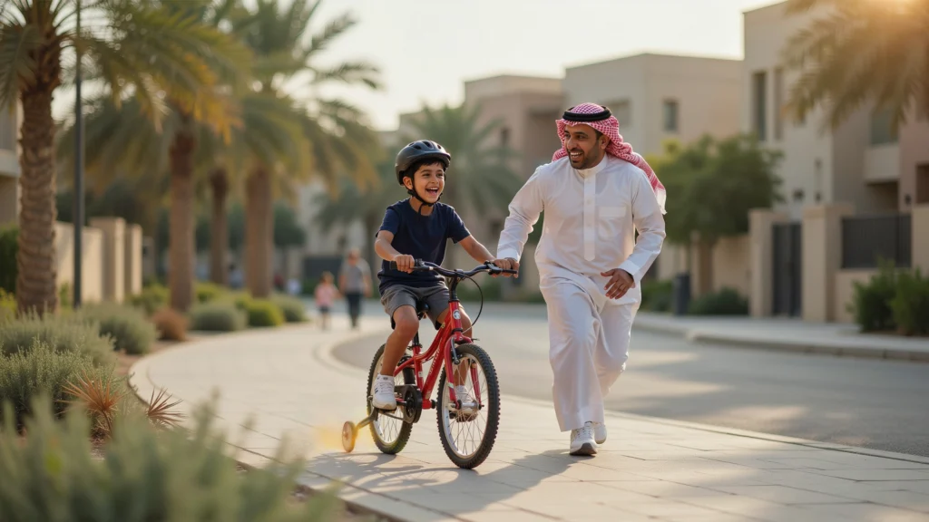 أب سعودي يعلّم ابنه ركوب الدراجة في حديقة الحي كمثال على دور الأب الفعّال في غرس الاستقلالية للأطفال وبناء ثقتهم