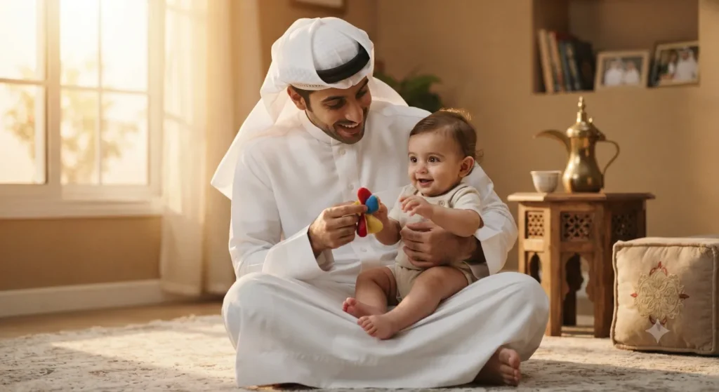 أب سعودي يرتدي ثوبًا أبيض يلعب مع رضيعه على الأرض لتعزيز رابطة الأمان بينهما
