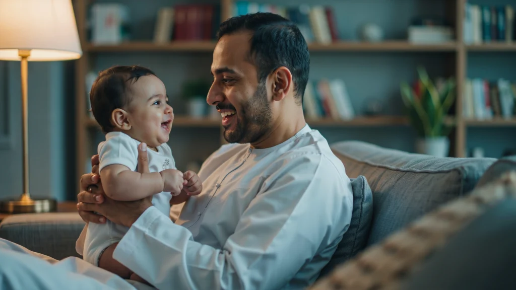 أب سعودي يتحدث مع طفله الرضيع وجهًا لوجه لتعزيز تنمية اللغة عند الرضيع من خلال التفاعل اليومي