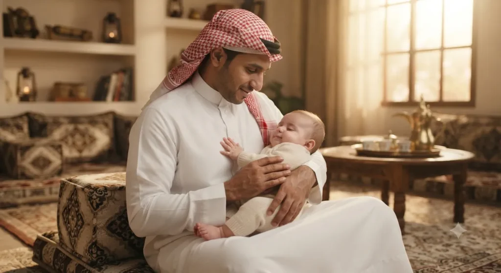 أب سعودي يرتدي ثوبًا أبيض يحمل رضيعه بحنان في مجلس عربي — دور الأب في بناء الأمان العاطفي للرضيع