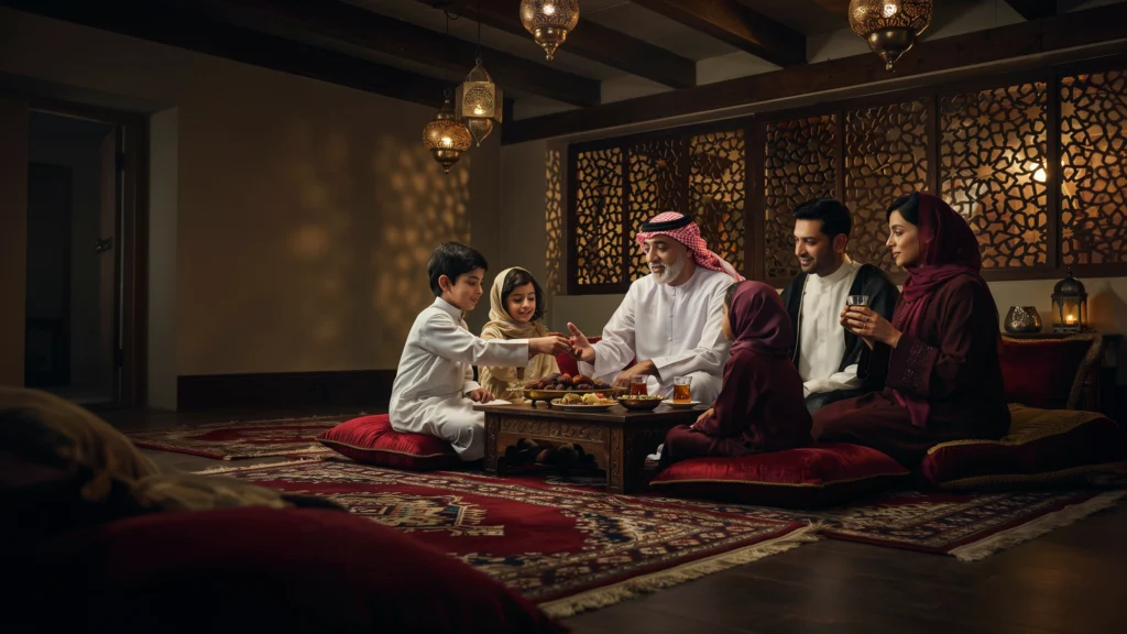 عائلة سعودية مجتمعة في مجلس دافئ خلال رمضان - القيم في تربية الأطفال