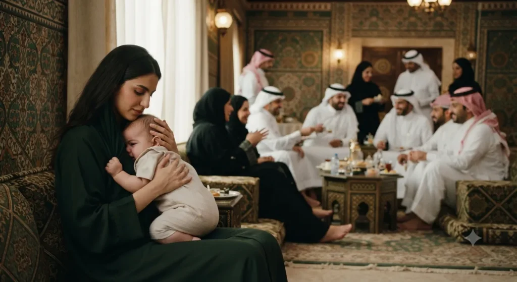 أم تحتضن رضيعها في زاوية هادئة بينما تجمع عائلي كبير يدور في مجلس سعودي خلفها — رفض الرضيع للأشخاص في المناسبات العائلية