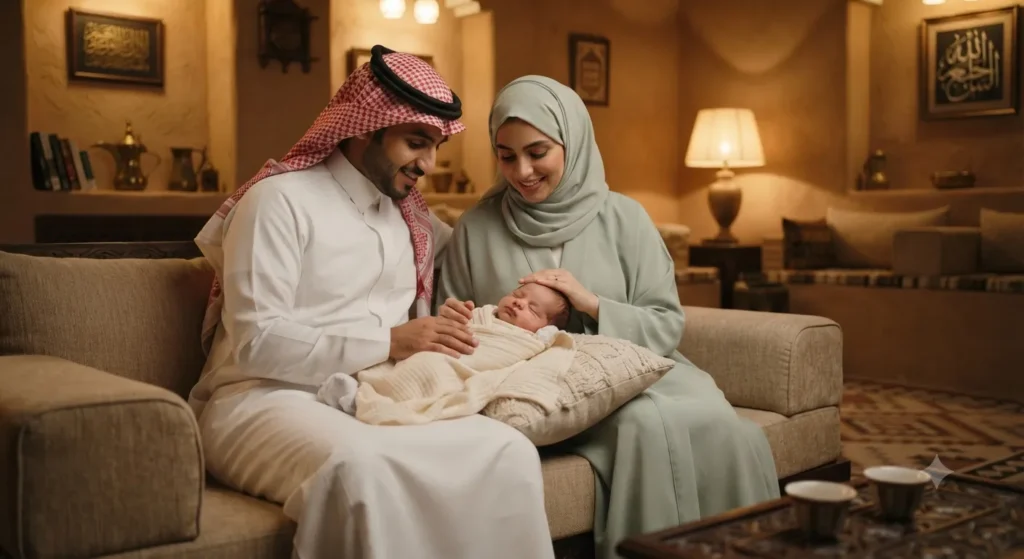 أب وأم سعوديان يجلسان معًا بجانب رضيعهما النائم بينهما — شراكة الأبوّة والأمومة في تربية الرضيع