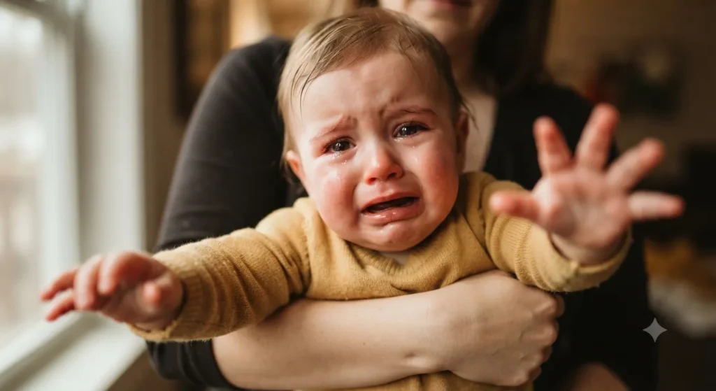 رضيع يبكي ويمد يديه نحو أمه أثناء حمله من شخص آخر — علامة قلق الانفصال الطبيعي عند الرضع