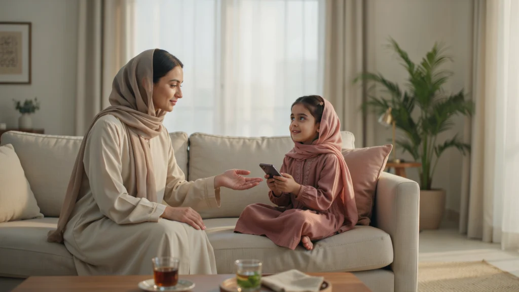 أم سعودية تحاول التواصل مع ابنتها المنشغلة بالجوّال في مثال عملي عن كيف تقول لا للطفل عند وقت الشاشة