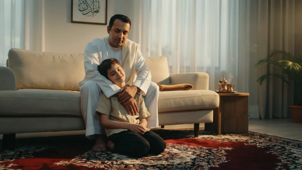 أب سعودي يحتضن ابنه بحنان بعد لحظة رفض ليؤكد أن كيف تقول لا للطفل لا يعني قطع الحبّ عنه