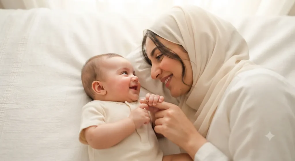 أم مستلقية وجهًا لوجه مع رضيعها على سرير أبيض في لحظة هدوء وتواصل — مشاعر الرضيع تنتظم حين تكون الأم هادئة
