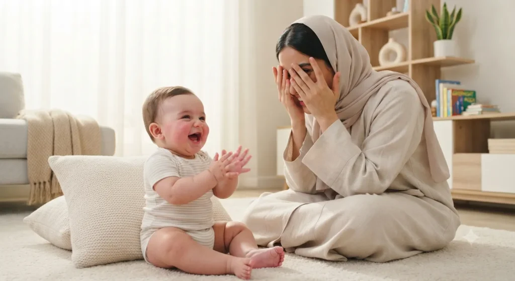 أم تلعب لعبة الاختفاء والظهور مع رضيعها الضاحك لتخفيف قلق الانفصال عند الرضيع