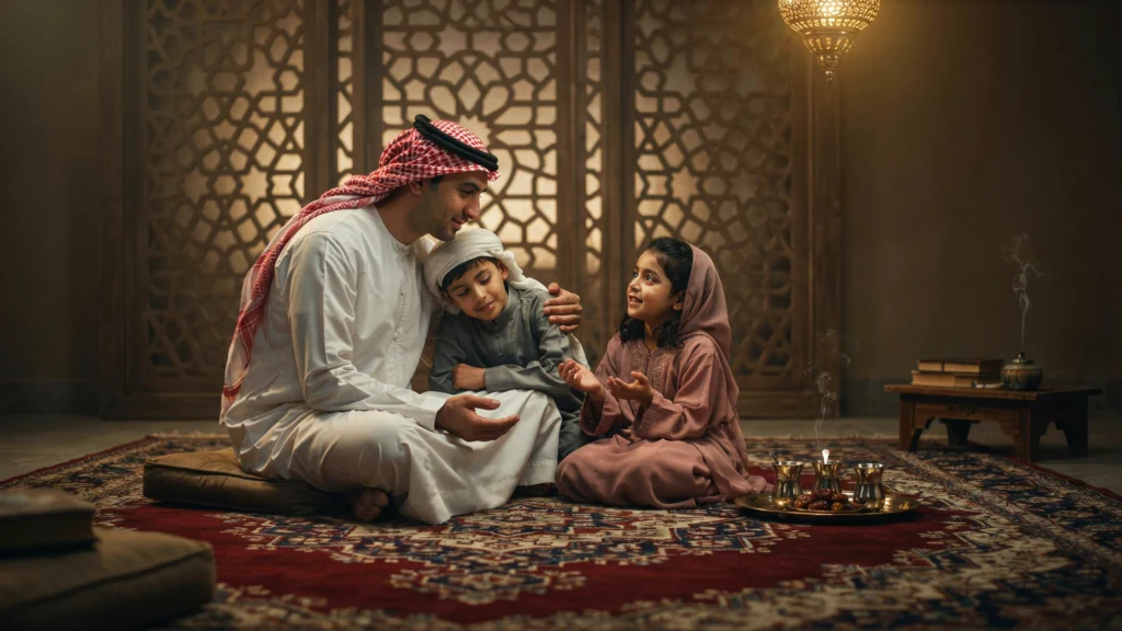 جلسة عائلية سعودية بعد صلاة العشاء بلا جوالات — طقوس يومية تُقوّي الحوار مع الأبناء