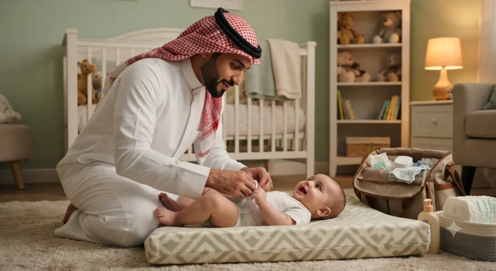أب سعودي يغيّر حفاض رضيعه بعناية في غرفة الأطفال — مشاركة الأب في الروتين اليومي للرضيع