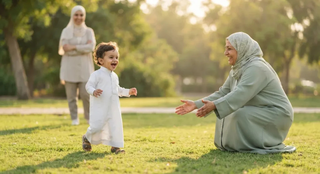طفل صغير بعمر سنة ونصف يمشي بثقة في حديقة مشمسة نحو جدته التي تفتح ذراعيها والأم تراقب بابتسامة — نهاية مرحلة رفض الرضيع للأشخاص