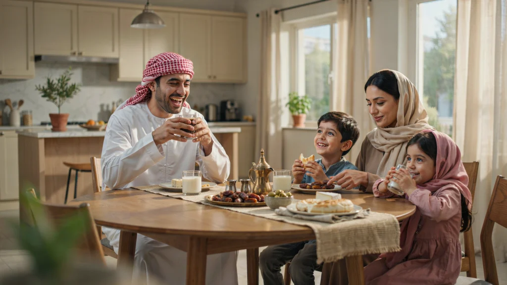 عائلة سعودية تتناول الفطور معًا كجزء من روتين الطفل اليومي