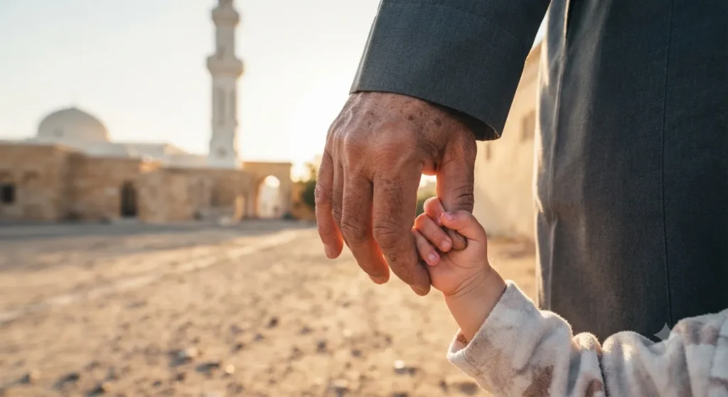 يد أب كبيرة تمسك يد طفله الصغيرة أثناء المشي نحو المسجد — دور الأب في منح الأمان والحضور