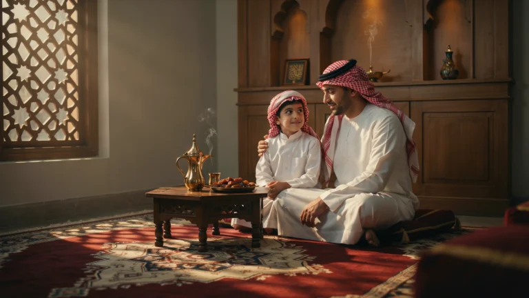 أخطاء تربوية شائعة يقع فيها الآباء - أب سعودي يجلس مع ابنه في المجلس