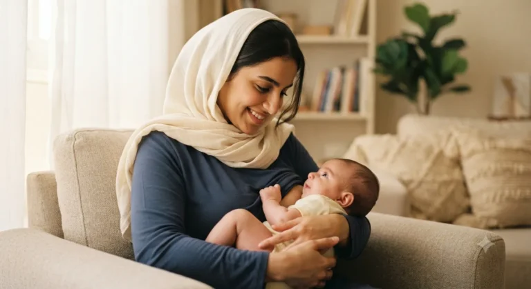 أم تحمل رضيعها وتنظر في عينيه أثناء الرضاعة الطبيعية في لحظة تواصل بصري تعزز إدراك الرضيع